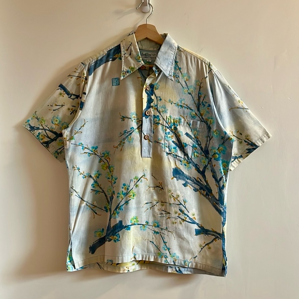 Vintage Surf Line Liberty House Hawaii Tree Flowers Blossoms Polo Shirt - Large